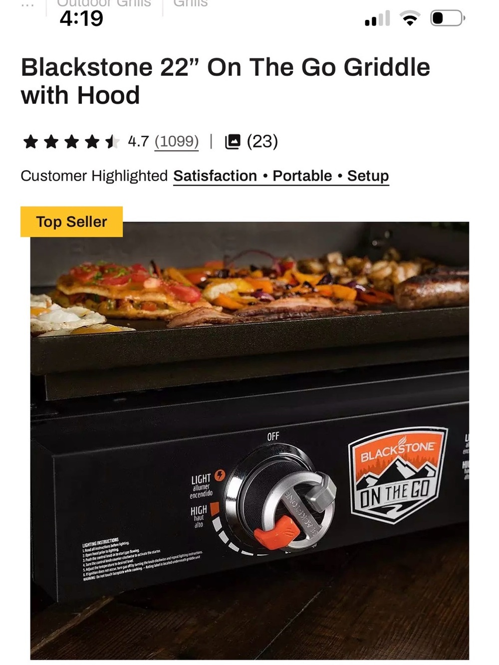 Blackstone Portable Griddle with Black Body and Orange Accent